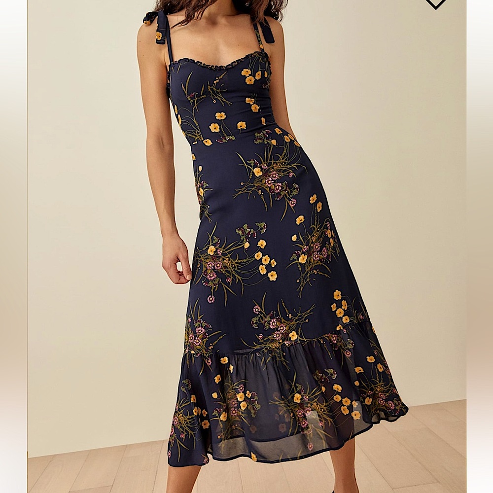 Reformation Nikita Navy Blue Floral Print Dress